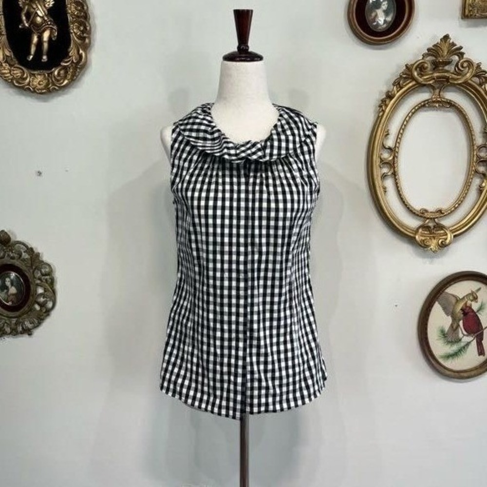 Lafayette 148 New York Gingham Sleeveless Ruffle Collar Blouse